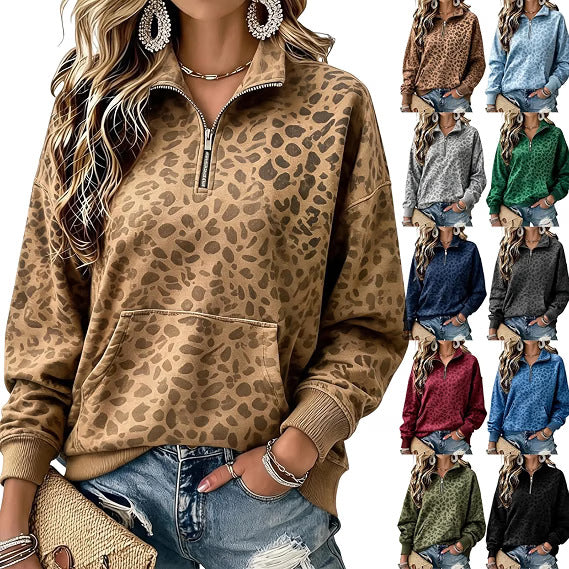 Women's Leopard-Print Polka-Dot Half-Zip Mock-Neck Sweatshirt