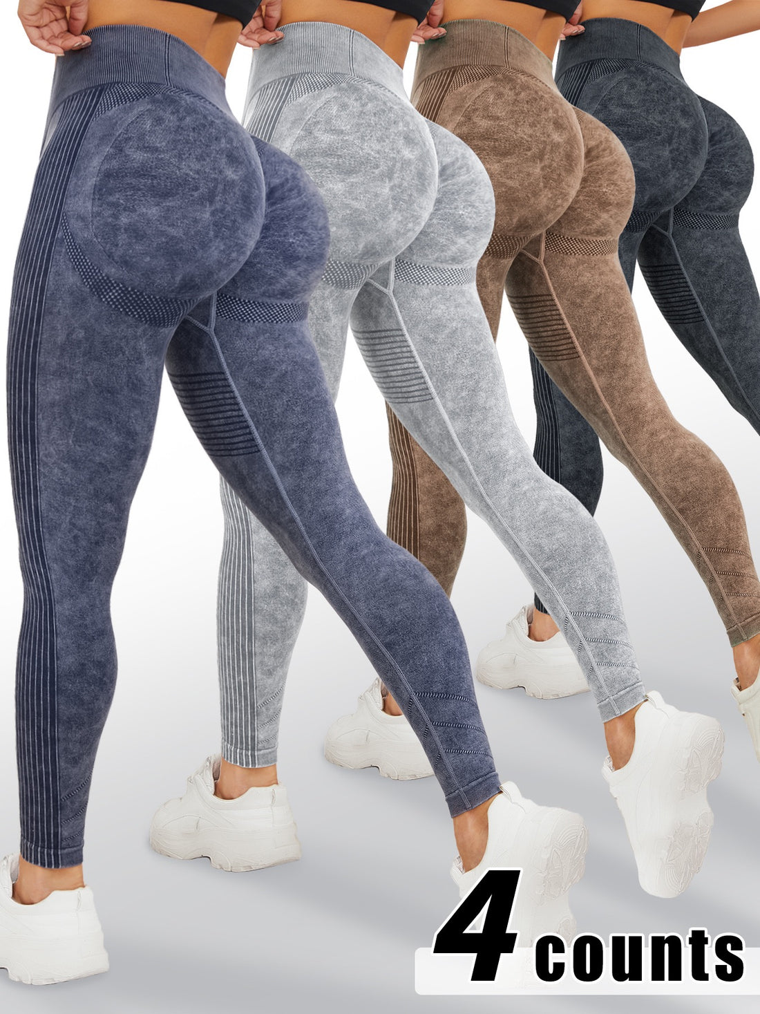 Women's 4 Pack Acid Wash Seamless Leggings, High Waist Scrunch Butt Peach Hip Yoga Pants, Stretch Tummy Control Squat Proof Fitness Workout Leggings For Gym Running Athletic Training