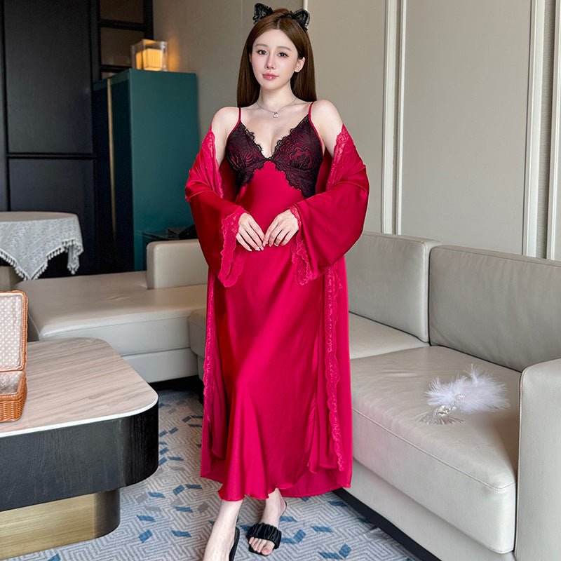 Ice Silk Pajamas Camisole Nightdress And Robe Two-piece Set For Women