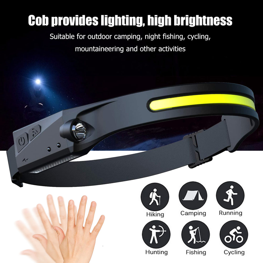 مصباح أمامي LED COB بتحريض للركوب مصباح يدوي USB قابل لإعادة الشحن مقاوم للماء للتخييم مصباح أمامي بجميع الزوايا إضاءة للصيد