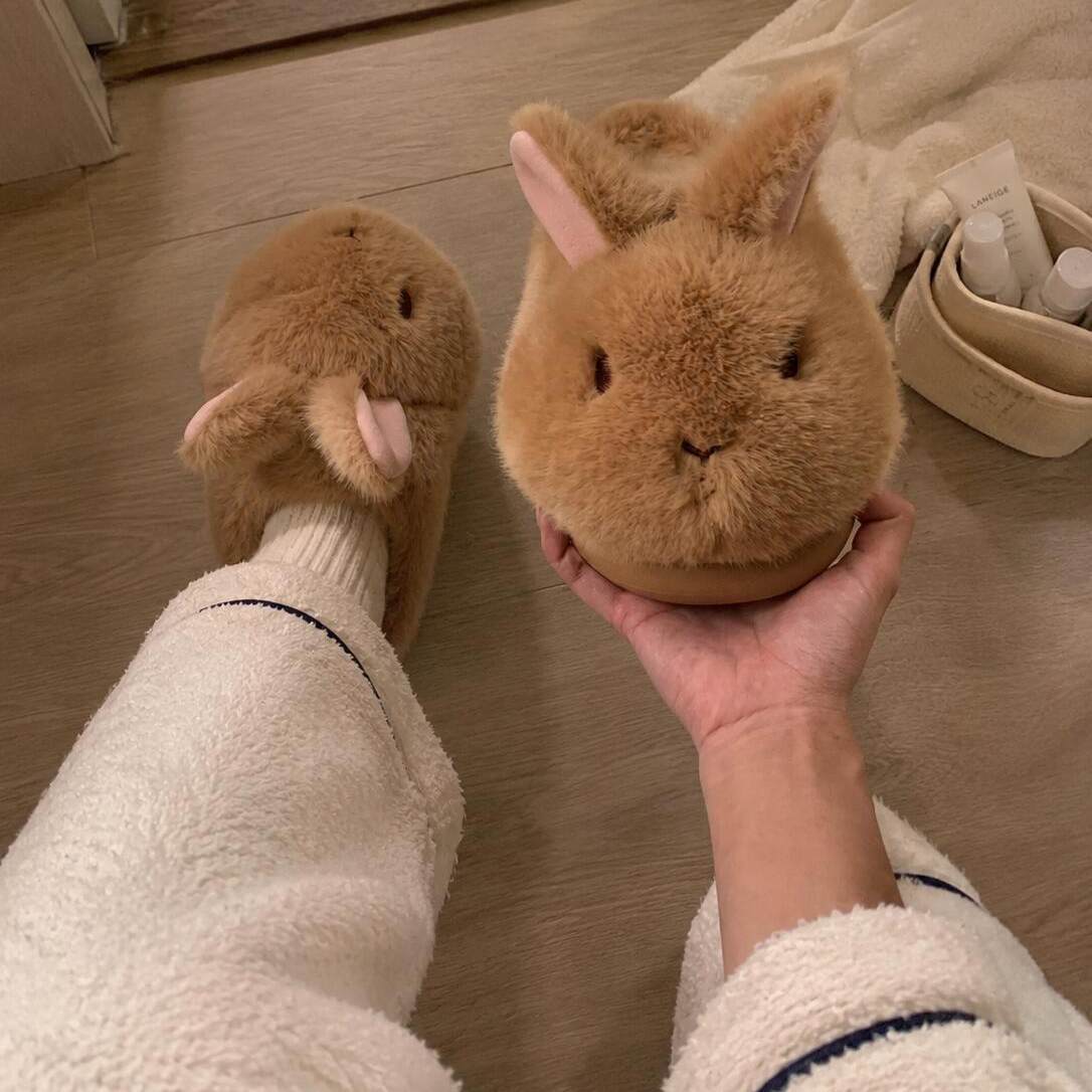 شبشب نسائي قطني مبطن ودافئ بتصميم أرنب لطيف ومنفوش