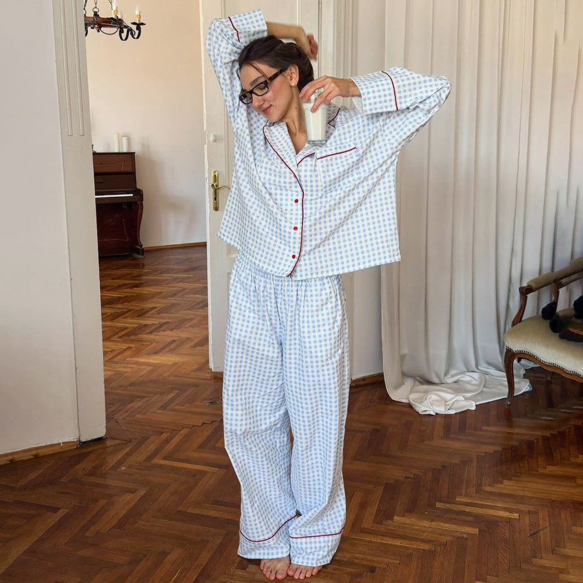 Pure Cotton Checkered Color-blocked Long-sleeved Pajamas Set
