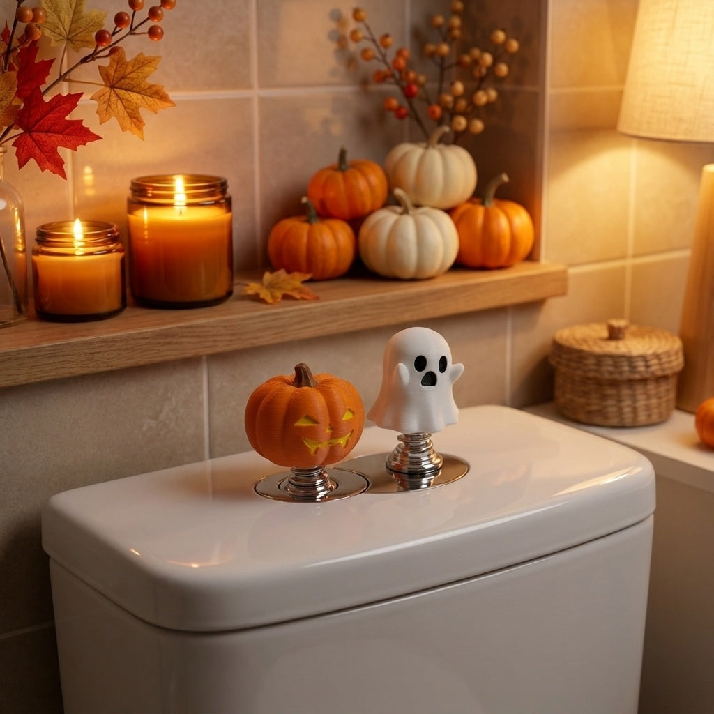 Halloween Toilet Flush Button Topper, Pumpkin & Ghost Toilet Handle Cover With Base, Spooky Bathroom Decor, 3D Printed Seasonal Bathroom Accessories