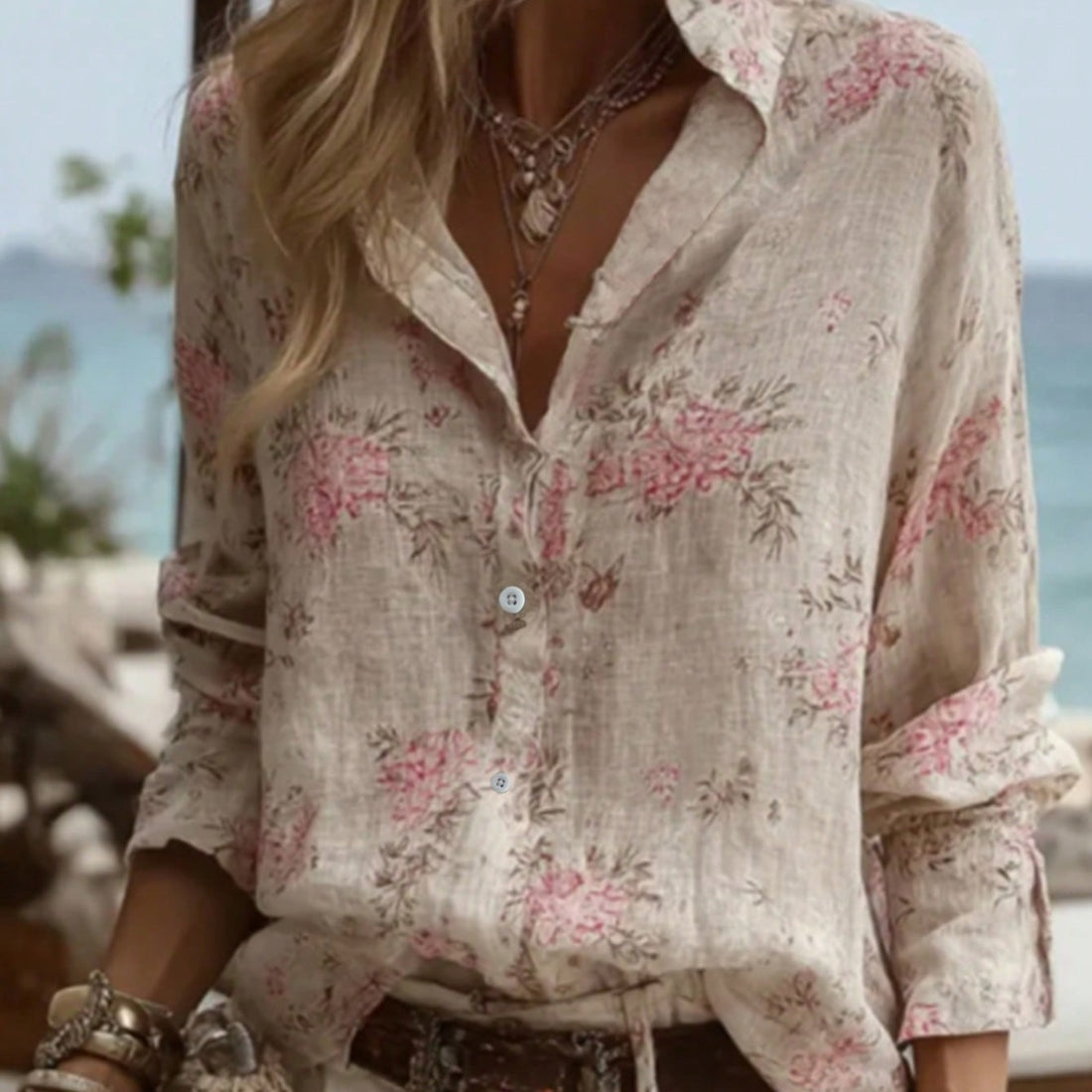 Women Floral Print Button Down Shirt Collared Long Sleeve Loose Bohemian Woven Blouse