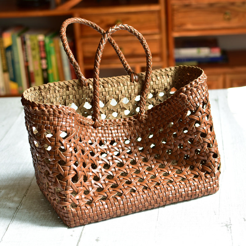 French-style Woven Bag Genuine Leather Hollowed-out Basket Shape