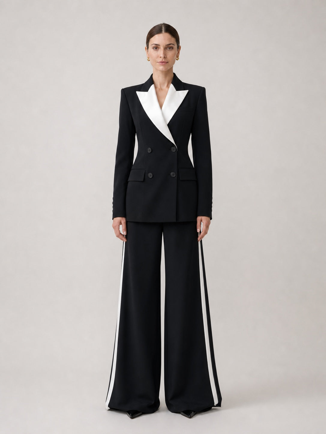 Black Double-Breasted Contrast Satin Lapel Suit Two-Piece Set