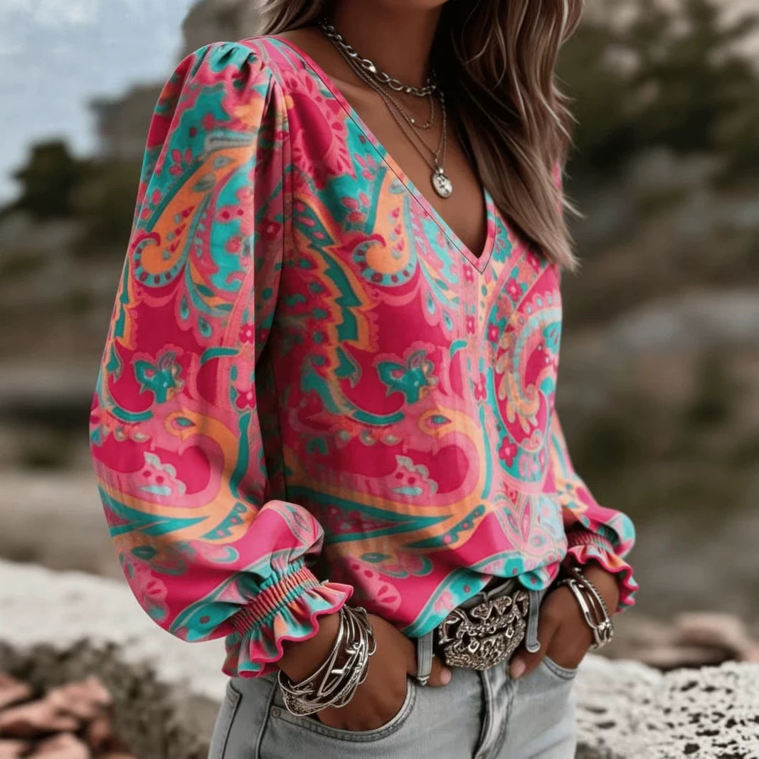 Women's V-neck Puff-sleeve Top
