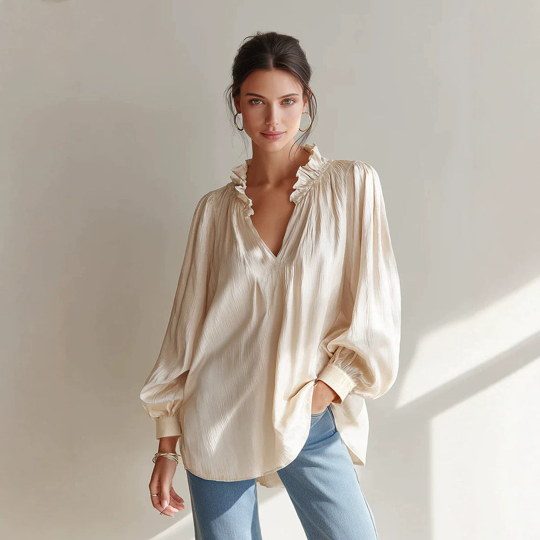 2026 European And American Women's New Fashion V-Neck Ruffled Puff Long-Sleeve Casual Loose Shirt Top For Women