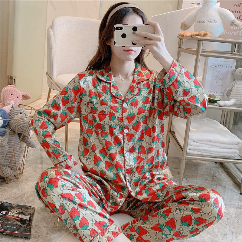 Women's Ice Silk Long Sleeve Trousers Two Piece Pajamas Set