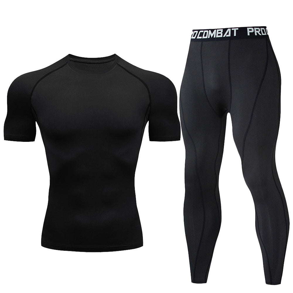 Men 2Pcs Fluorescent Green Compression Set Quick Dry Short Sleeve Tight Shirt Long Leggings Elastic Waist Sports Suit Gym Running Basketball Training Base Layer Underwear