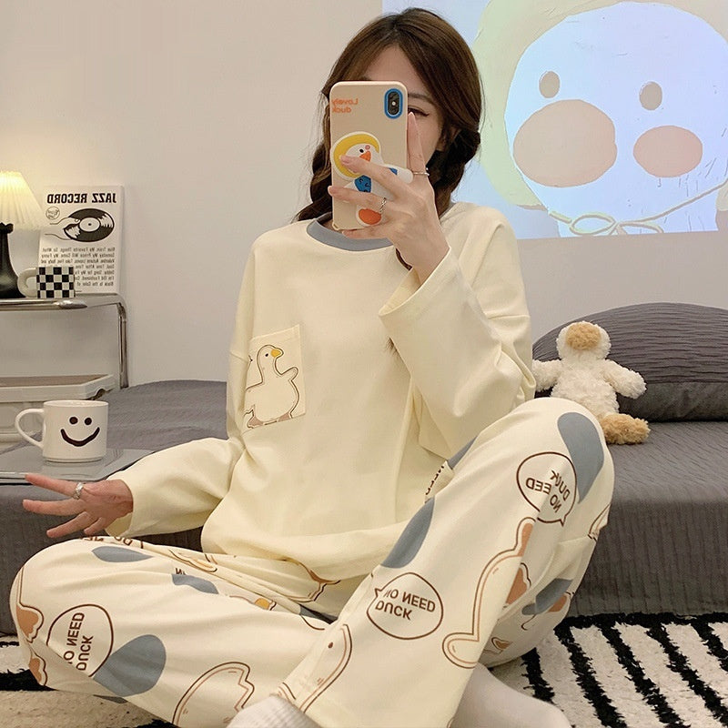 طقم بيجامة نسائية بأكمام طويلة بتصميم كرتوني فضفاض ولطيف لفصلي الربيع والخريف، ملابس منزلية كاجوال يمكن ارتداؤها في الخارج