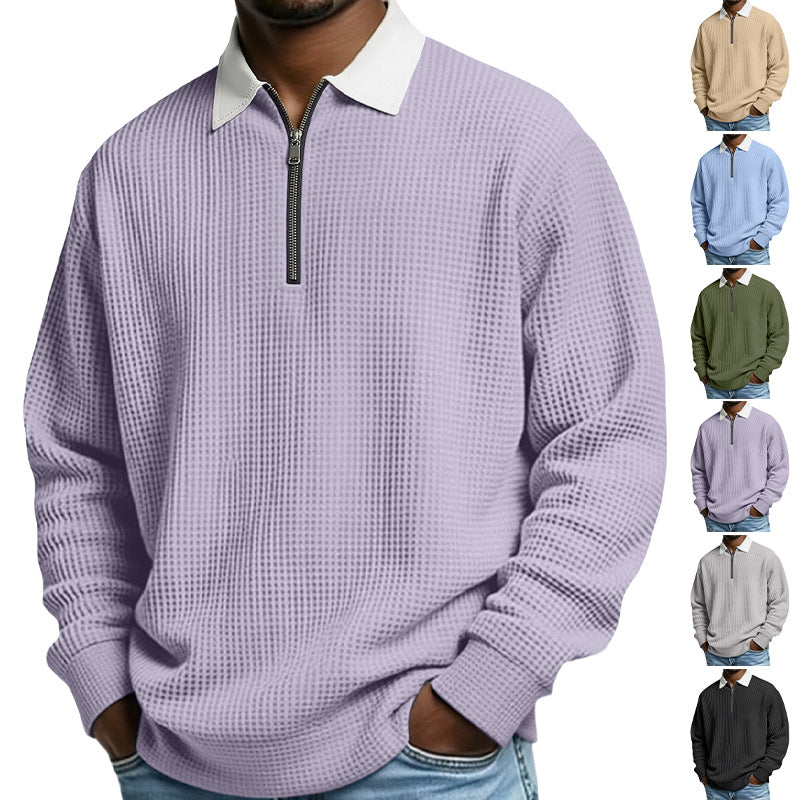 European And American New Spring Men's Waffle Color-Blocked Half-Zip Polo Shirt American Casual Cross-Border Foreign Trade Sweatshirt