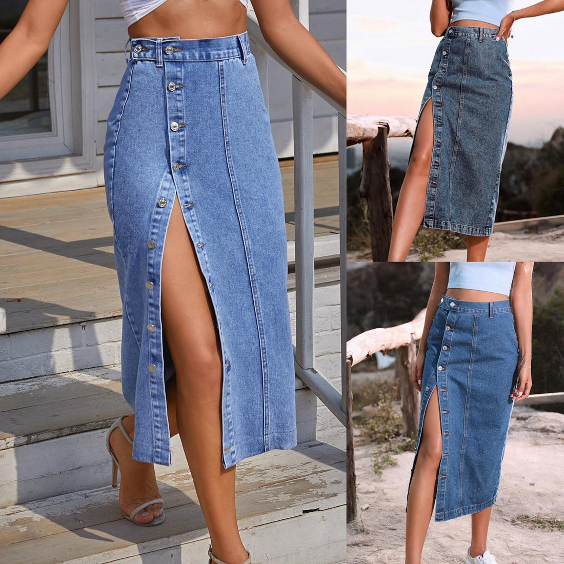 Foreign Trade Cross-border Women's Clothing European And American Casual Button Irregular Slit Denim High Waist Denim Skirt