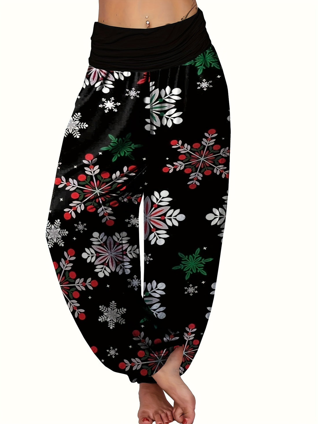 Women's Christmas Snowflake Print Harem Pants Elastic High Waist Loose Fit Casual Knit Trousers