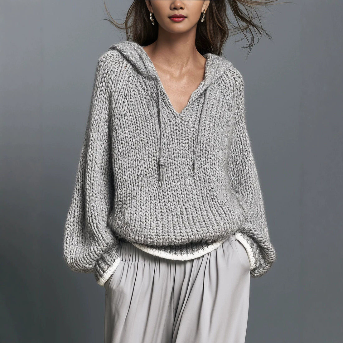 Women's Knitted Hoodie Sweatshirt - Casual Long Sleeve Pullover Top for Autumn Winter