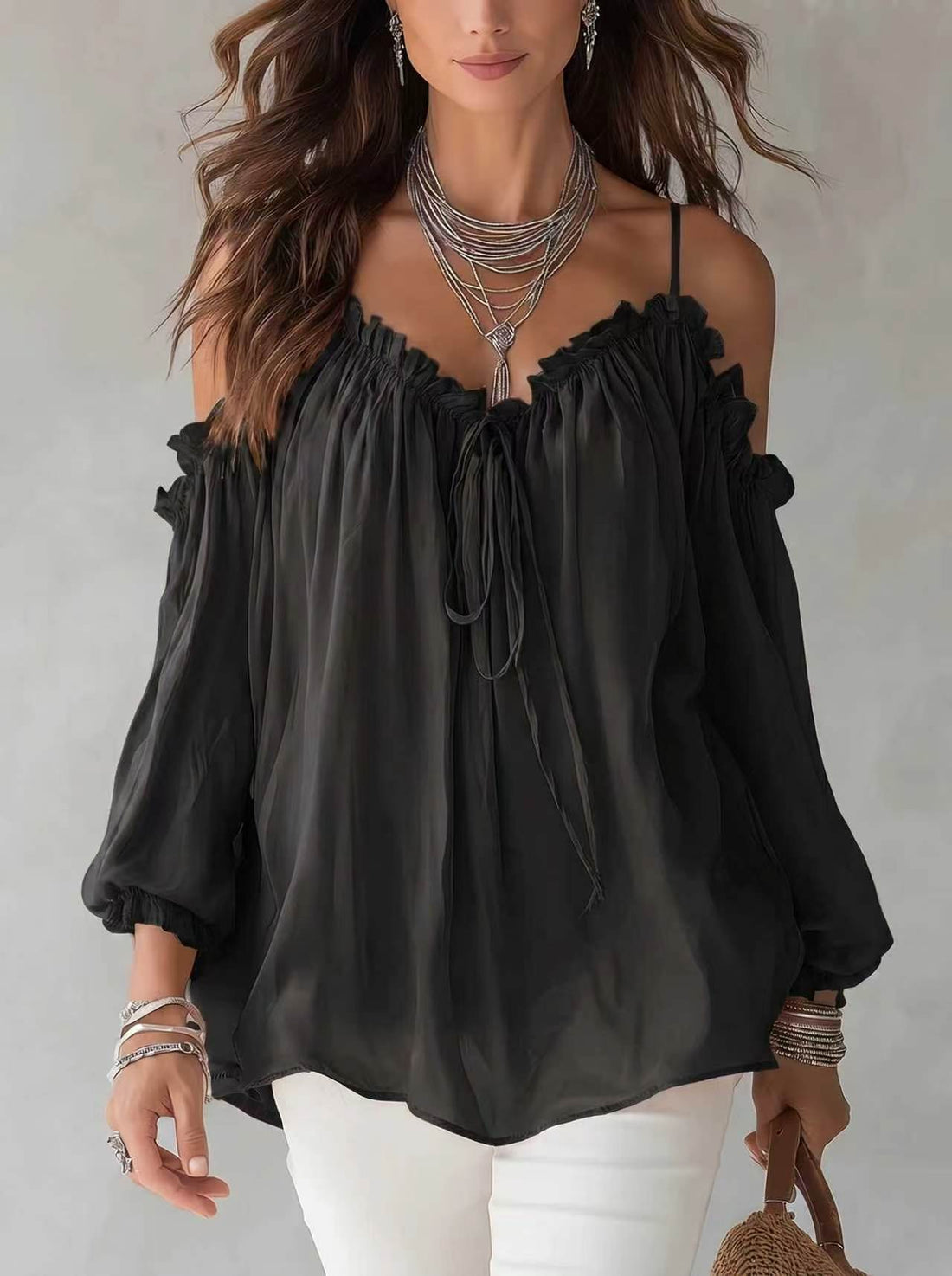 New Autumn Women's Shirt, Ruffle Collar Casual Camisole Off-Shoulder Lace-Up Top