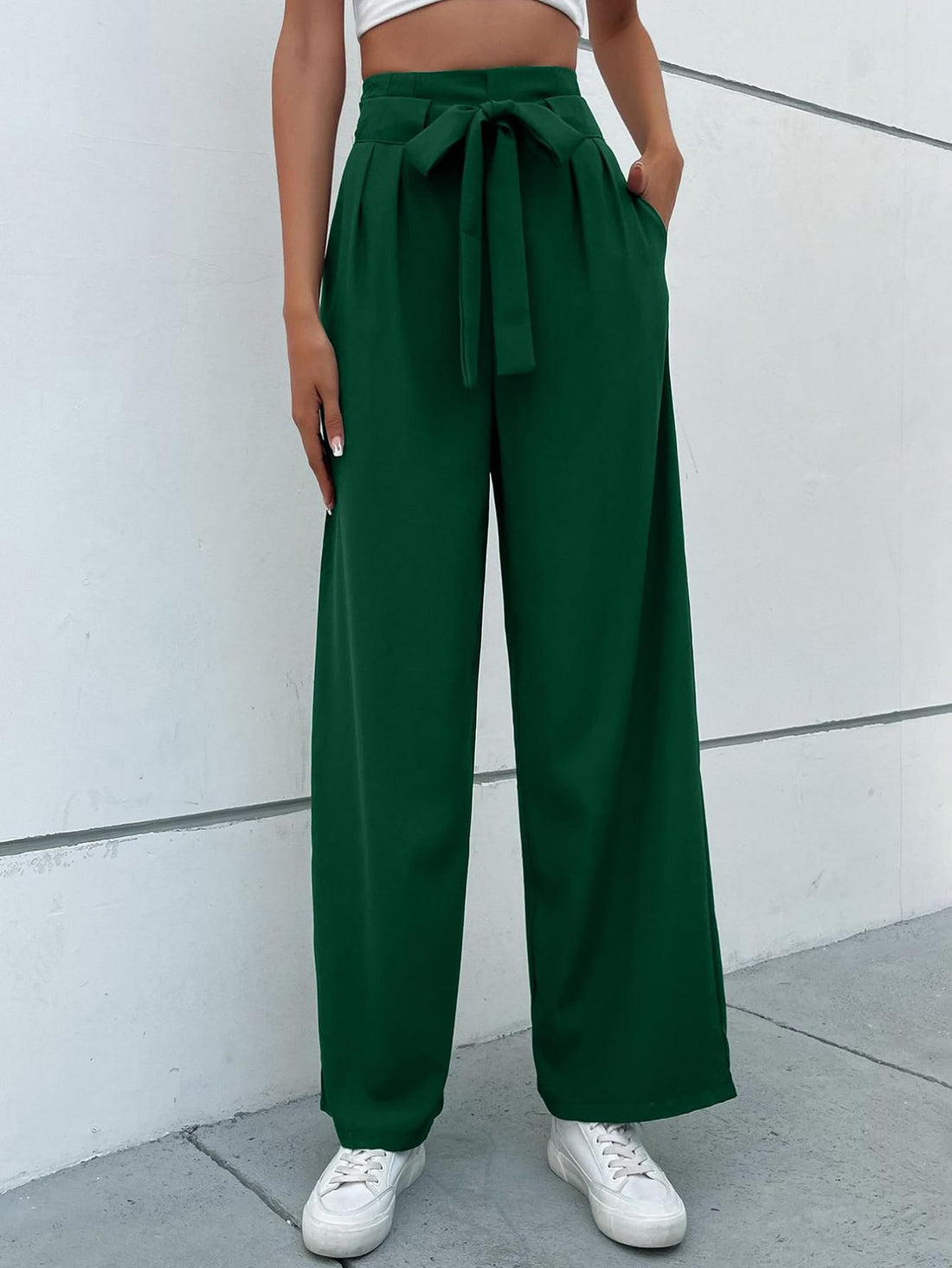 Women Woven High Waist Wide Leg Pants Front Tie Pleated Trousers With Side Pockets