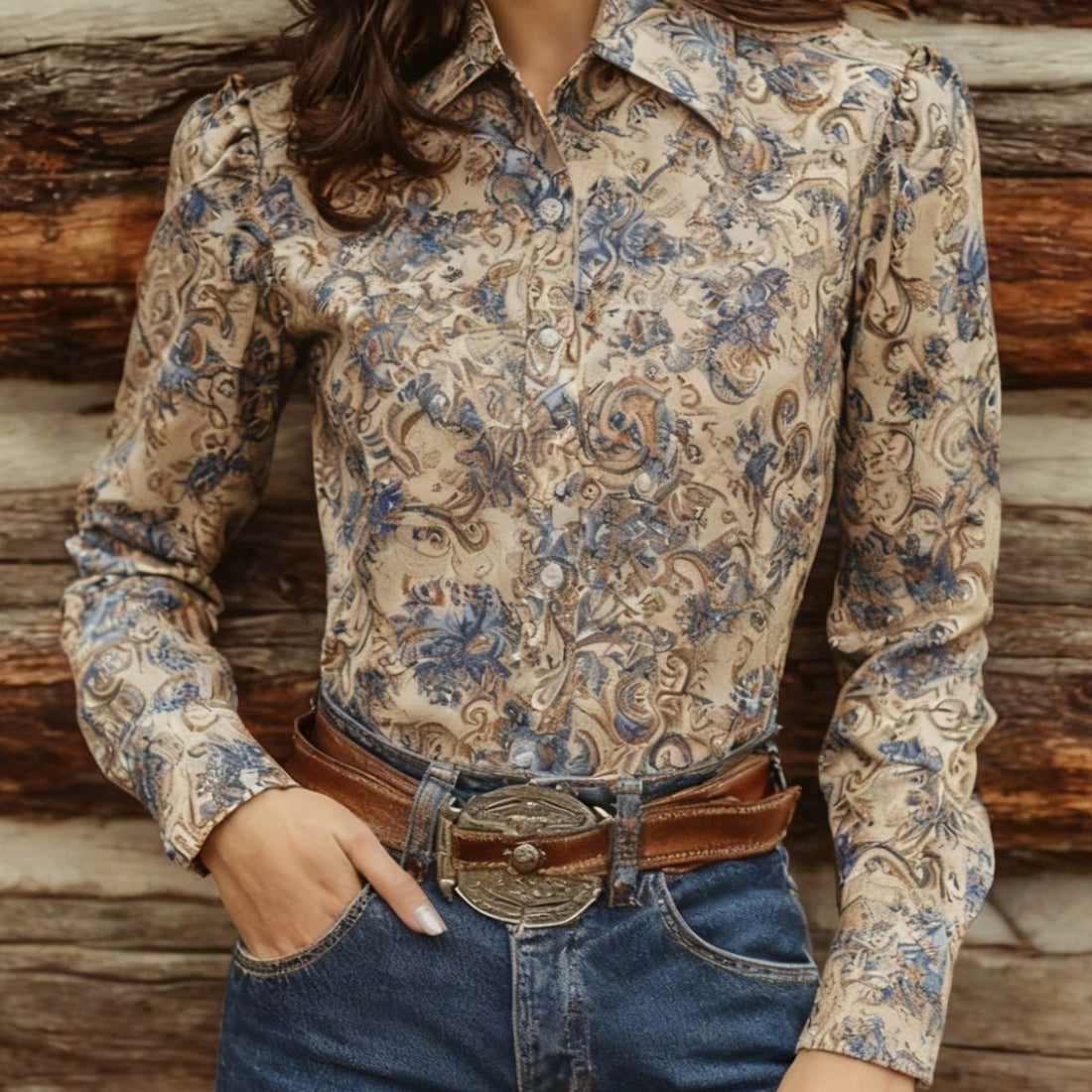 Women Vintage Paisley Print Long Sleeve Button Down Collared Shirt