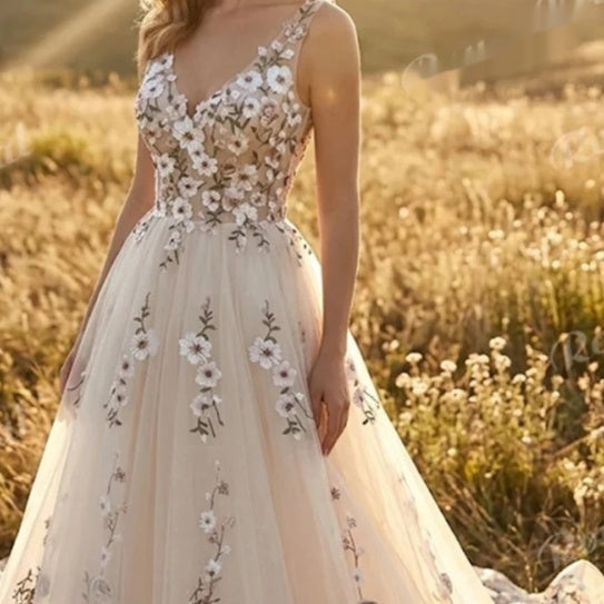 V-neck Sleeveless Floral-embroidered Trailing Wedding Dress
