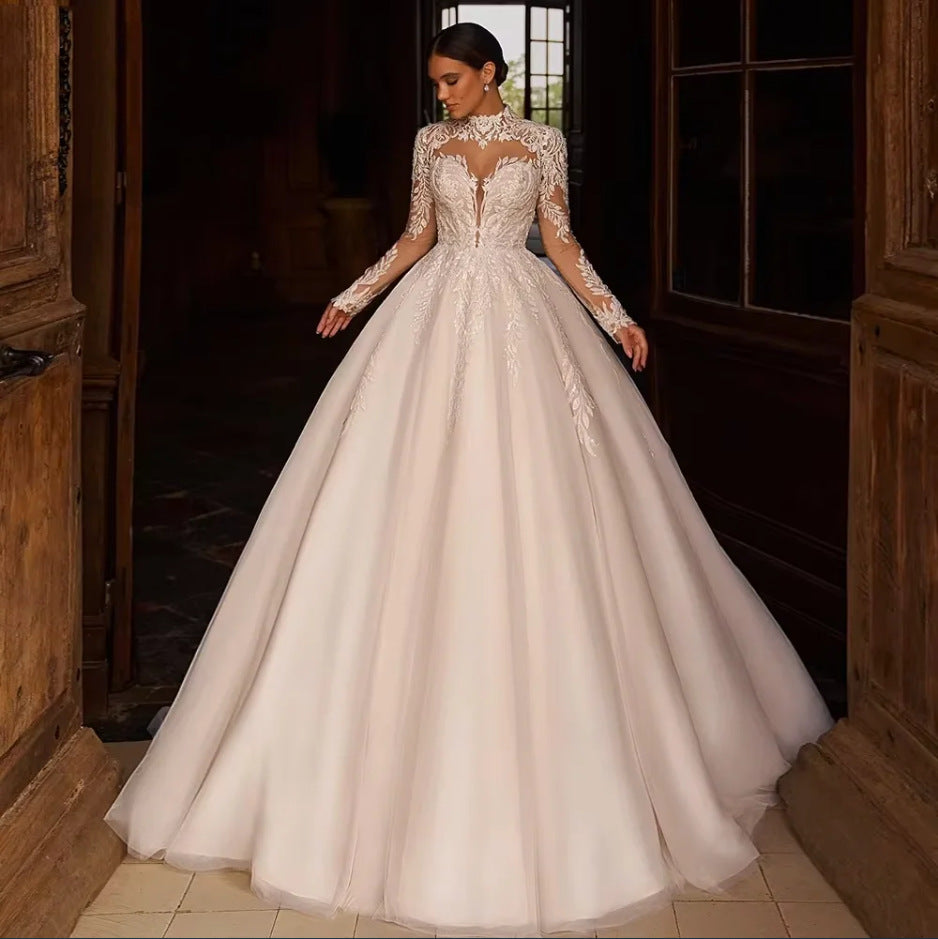 Lightweight Wedding Gown Fitted High-necked With A Slimming Silhouette And A Trailing Train