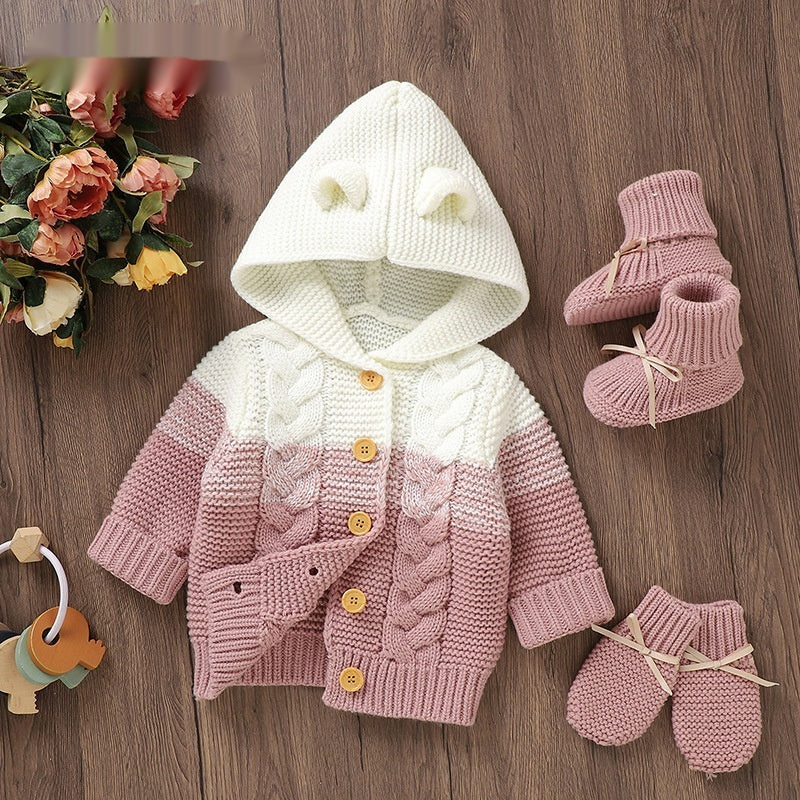 Baby Knitted Cable-Striped Hooded Cardigan Knitted Top Outerwear