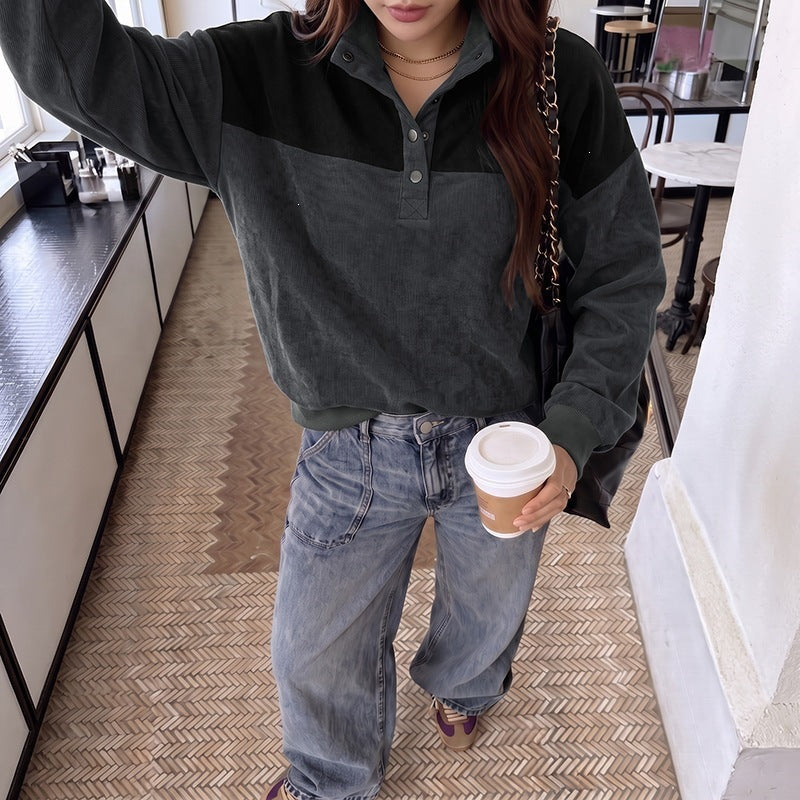 Women's Color-block Patchwork Stand-collar Pullover Hoodie