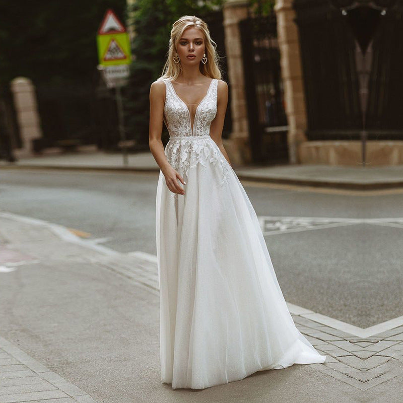Bridal French-style Ethereal Sheer Deep-V Wedding Gown