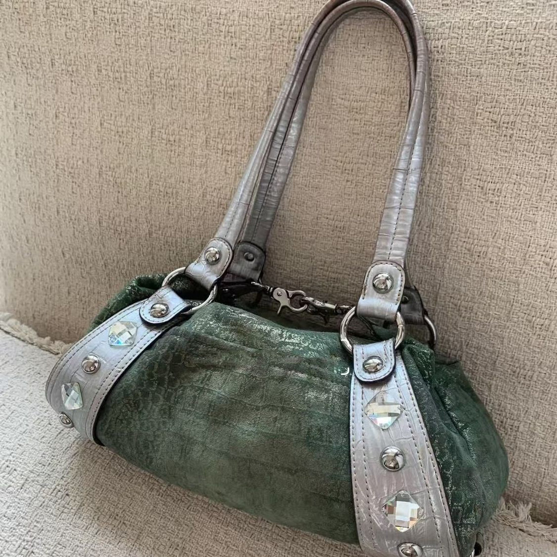 Vintage Spice Girls-style Green-and-silver Gemstone Single-shoulder Bag