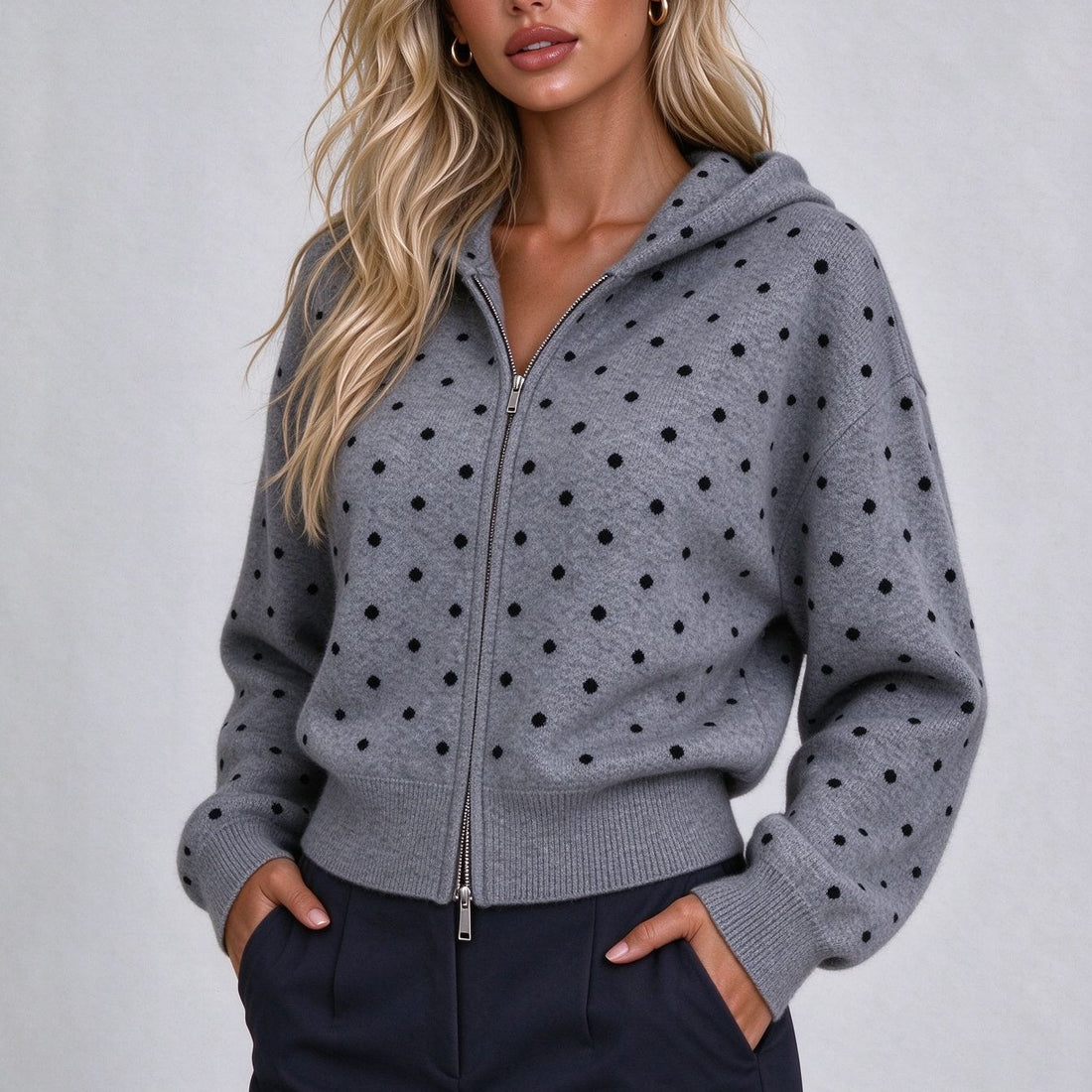Women's Polka-Dot Hooded Double-Zip Knitted Cardigan Sweater Coat