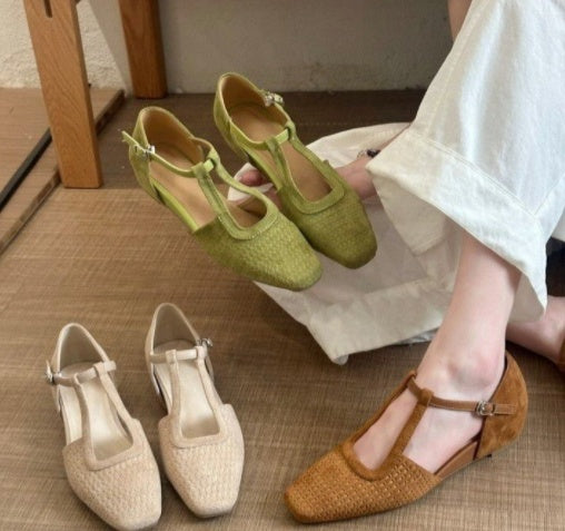 Women Retro Woven Cutout Mary Jane Sandals, 2026 New Summer Closed Toe Block Heel Roman Sandals