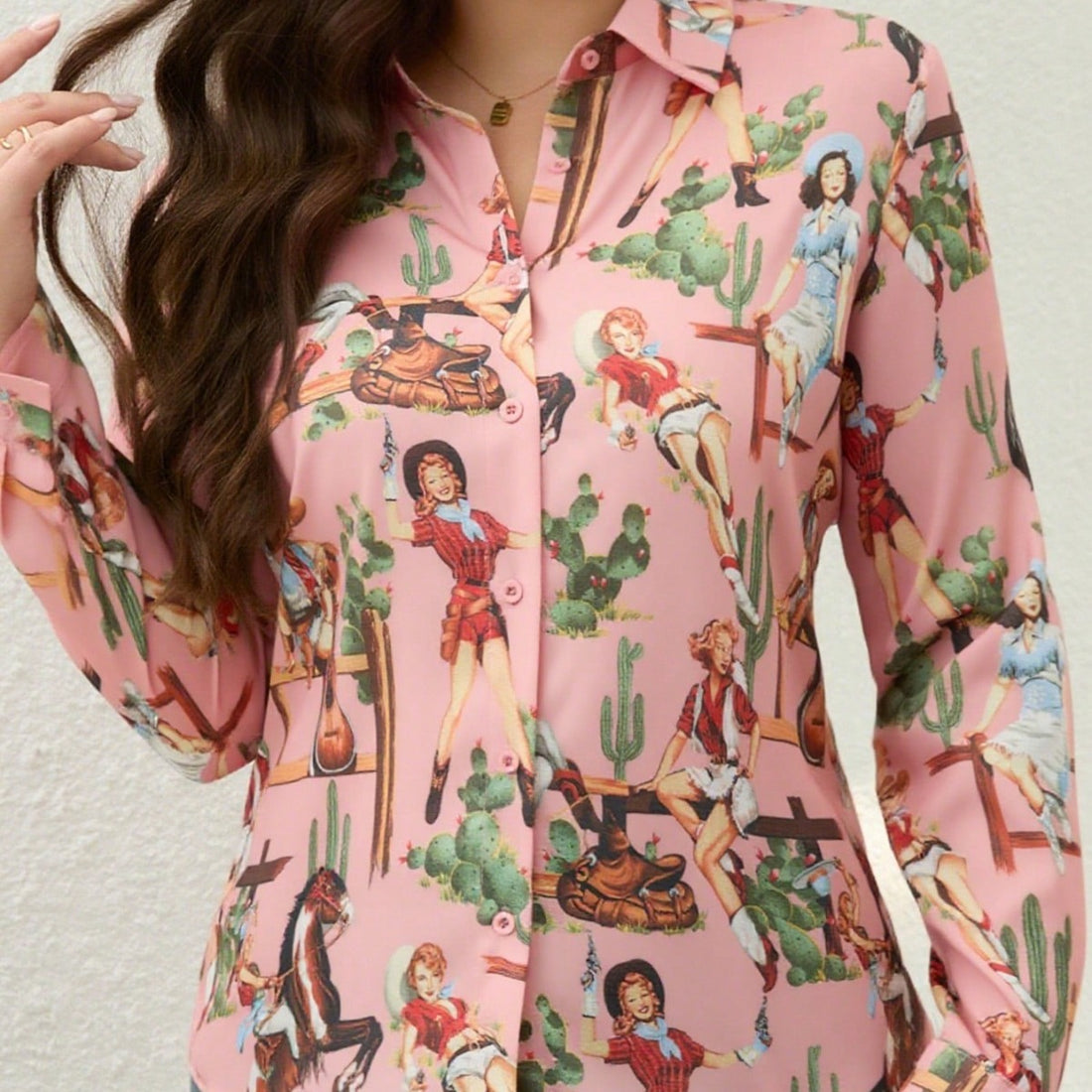 Women Western Cowgirl Print Shirt Long Sleeve V-Neck Loose Casual Woven Blouse