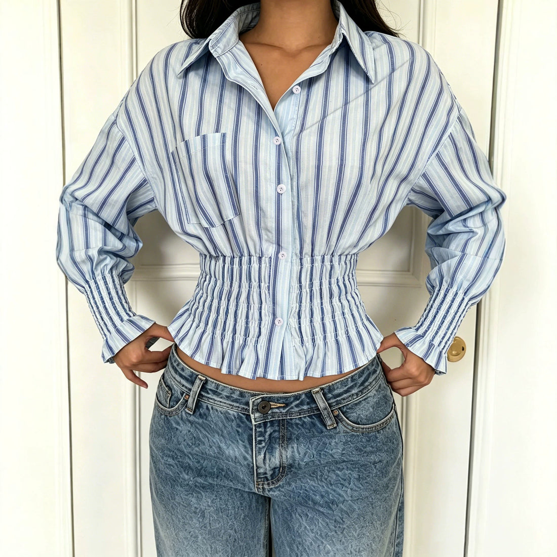 Women's Vertical Stripes Pleated Waist Trimming Shirt