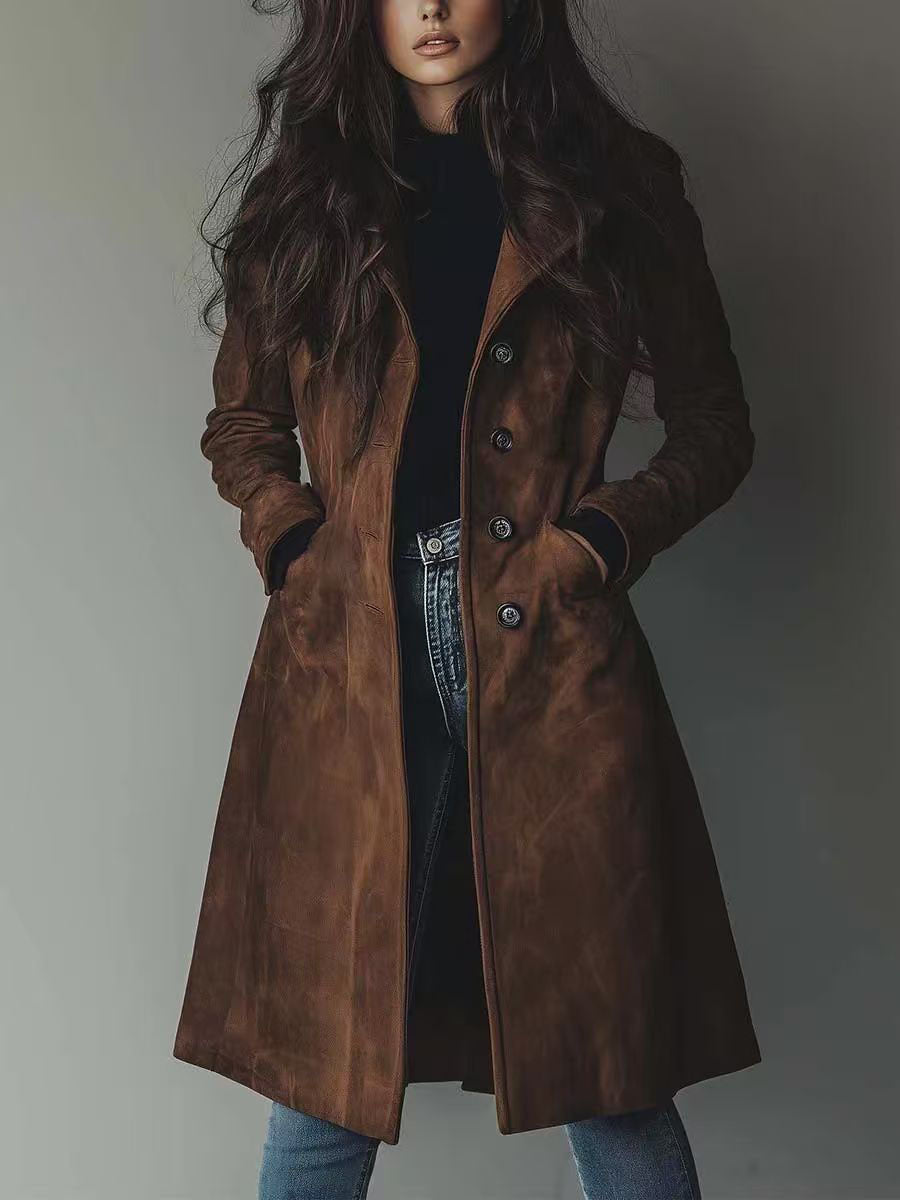 2026 European And American Amazon Cross-Border Export Women's Autumn And Winter New Retro Lapel Suede Long Windbreaker Jacket