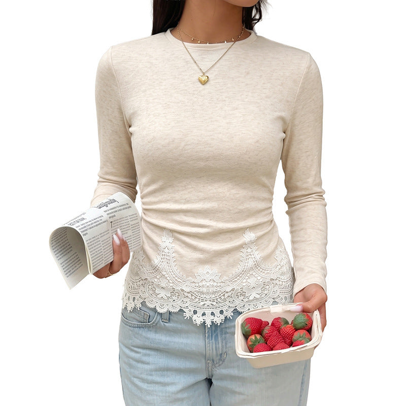 European And American Style Zipper Long-sleeve Slim-fit Lace Long-sleeve T-shirt For Women