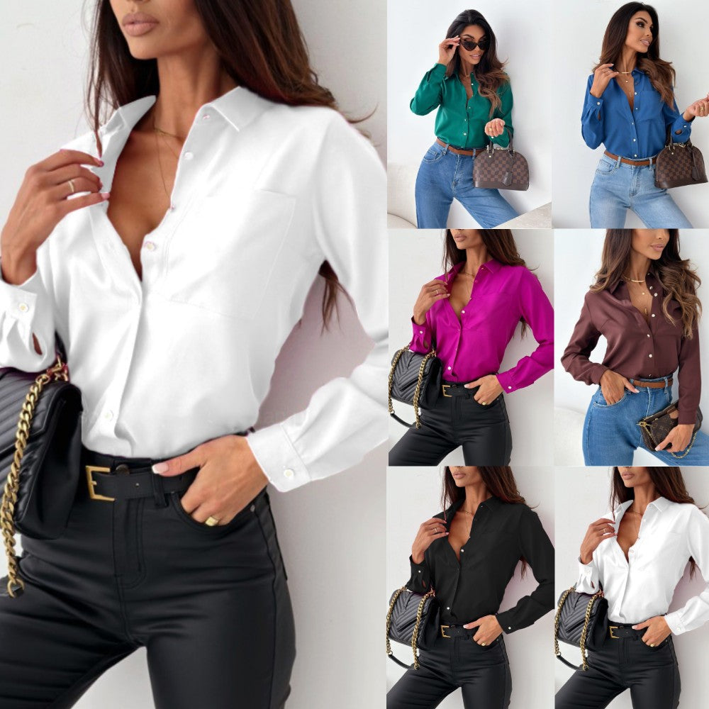 2023 Independent Station Wish Amazon Explosions Autumn Simple Solid Color V-neck Women's Shirt Shirt Women's Clothing