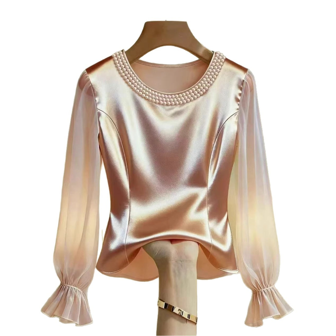 2026 Independent Site Wish Amazon New Satin Pearl Round Neck Sheer Mesh Blouse For Women