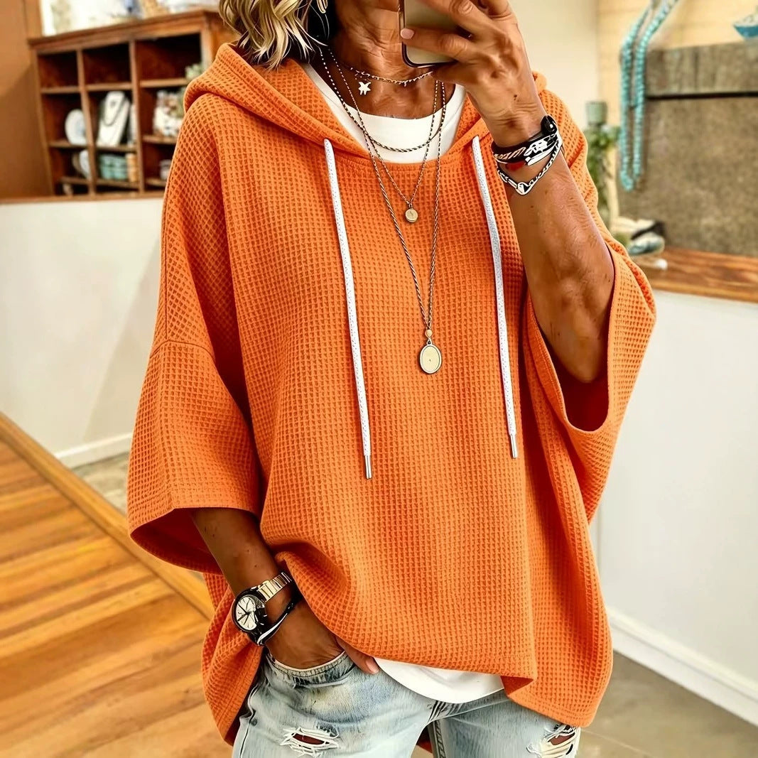 2026 European And American Women's Fashion Amazon Independent Site New Knitted Hooded Drawstring Sweatshirt With Waffle Pattern, Loose Fit
