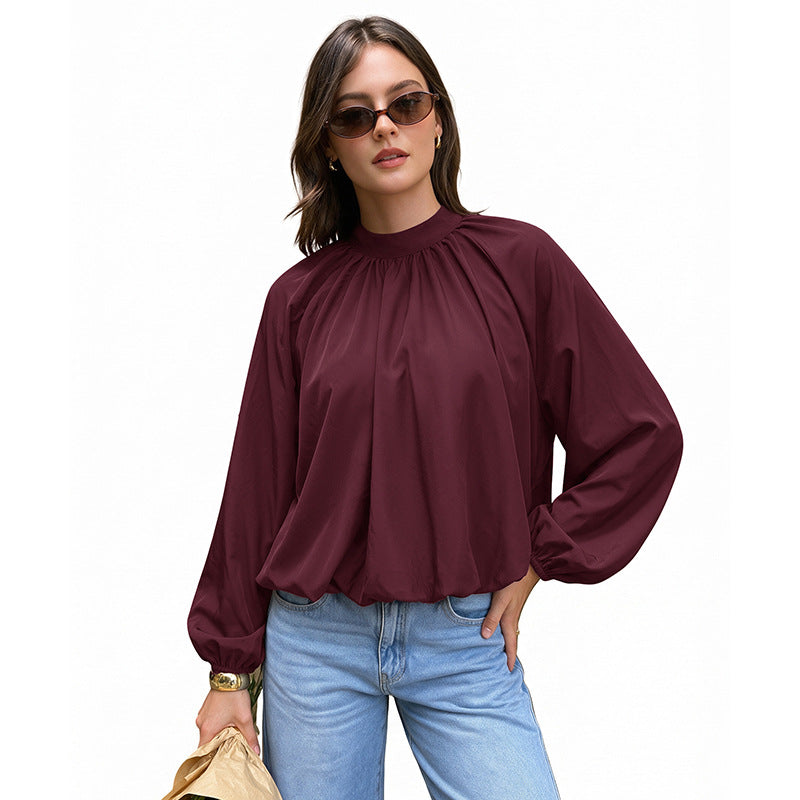 Amazon Cross-border European And American Style Bud Shirt 2026 Autumn New Loose Fit Back-tie Hollow Long-sleeve Women's Shirt