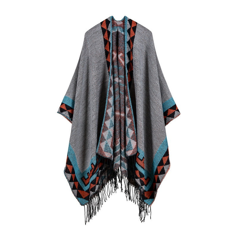 Women's Rhombus Tassel Extended Hot-Selling Faux Cashmere Shawl, Reversible Wearable Thick Poncho