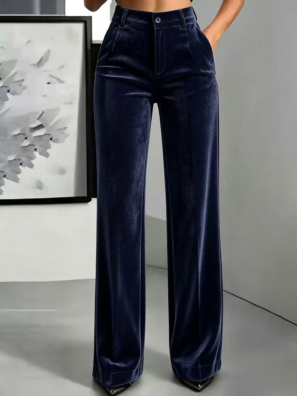 Casual High-waisted Solid Color Drape Straight Minimalist Velvet Trousers