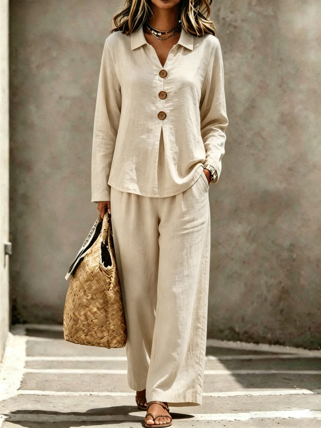 2026 European And American Cross-Border Foreign Trade Women's New Fashion Casual Button-Down Polo Collar Long-Sleeve Long Pants Two-Piece Set