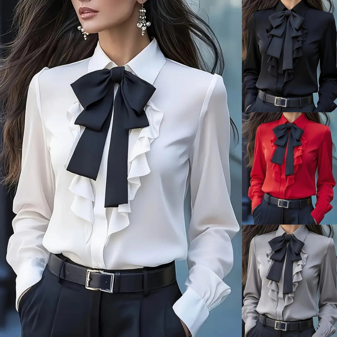 2025 Independent Station Wish Amazon New Autum Pure Color Lace-Up Bow Ruffle Design Shirt For Women