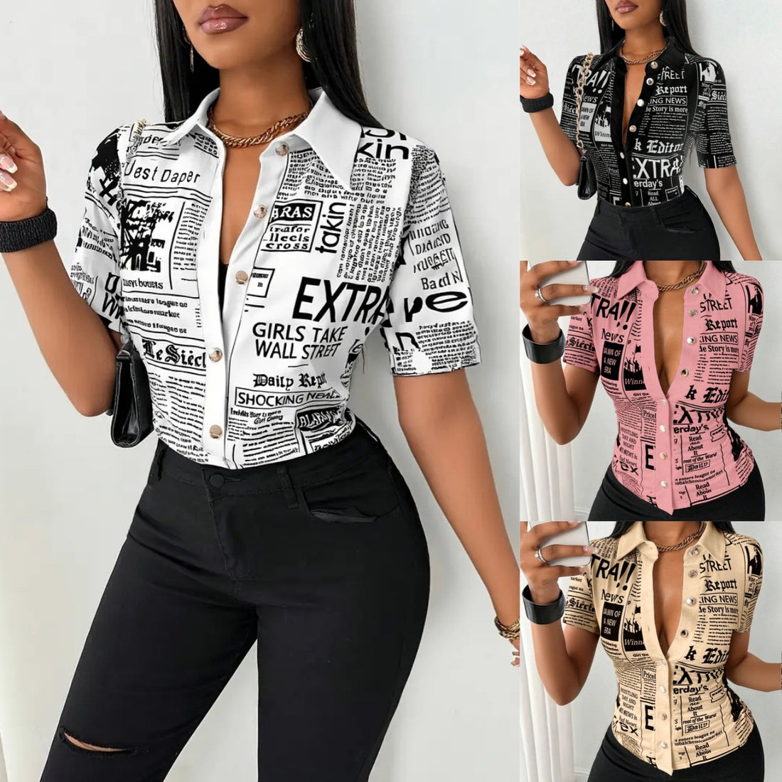 2025 Independent Station Wish Amazon Explosions Summer Fashion Newspaper Printed Single-breasted V-neck Shirt Shirt For Women