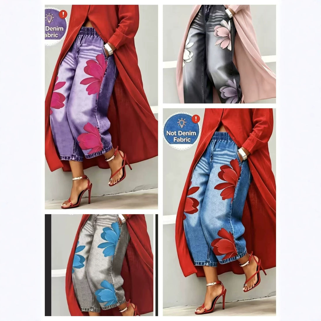 New Plus Size Faux Denim Floral Print Wide Leg Pants - Comfortable Elastic Waist, Slim Fit Trousers For Women