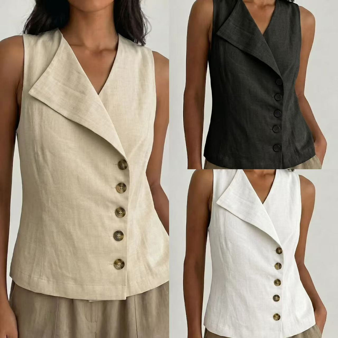 2026 European And American Cross-border Foreign Trade Independent Site Amazon Women's Sleeveless Buttoned Vest V-neck New Solid Color Shirt