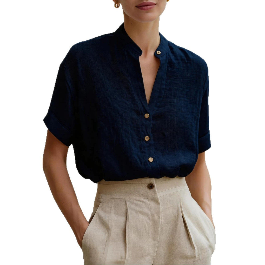 2026 Independent Site Wish Amazon Summer V-neck Short-sleeve Linen Shirt Casual Simple Versatile Women's Top