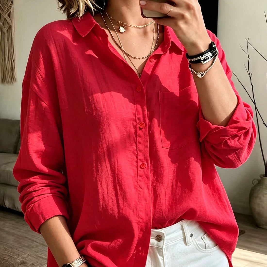 Women Long Sleeve Button Front Shirt Loose Pocket Blouse Casual Office Work Top