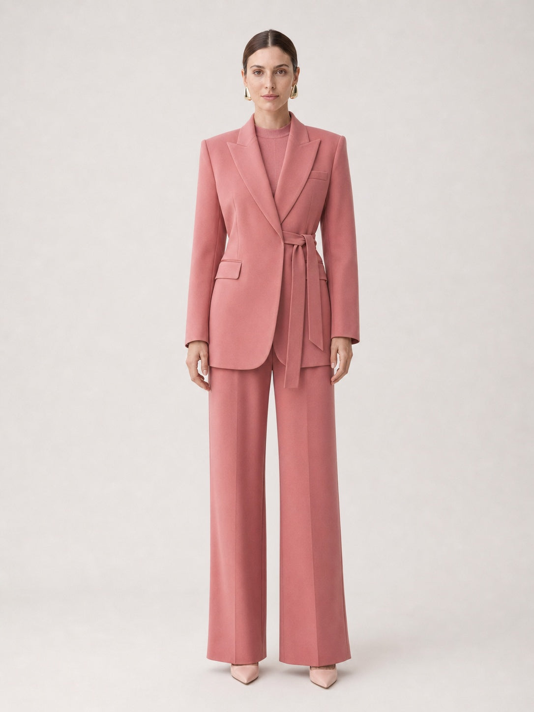 Dusty Rose Belted Wrap-Style Suit Two-Piece Set