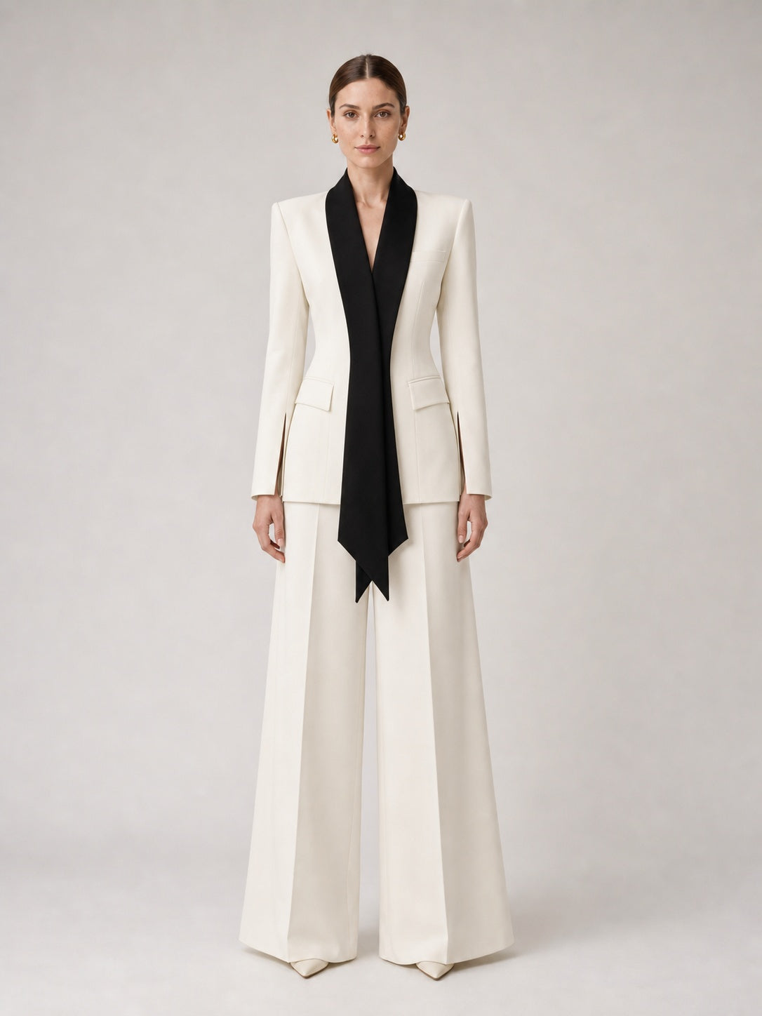 Cream 2 Piece Suit Black Scarf Lapel Blazer & Wide Leg Pants