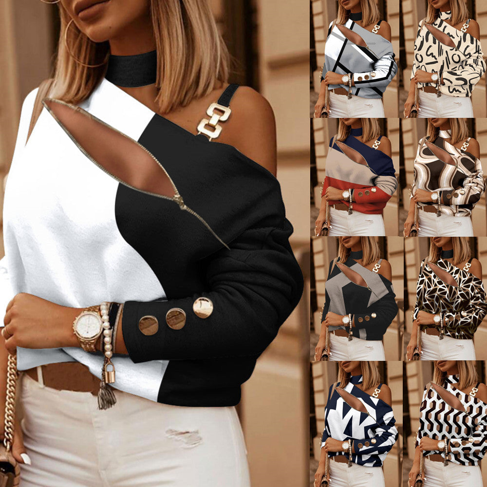 2022 Independent Station Wish Amazon Popular Autumn And Winter Long-sleeved Chain Halter Printed Button Decorative Top For Women